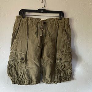 Lucky brand Linen cargo shorts, zipper, tie straps,  dark olive size 32 waist